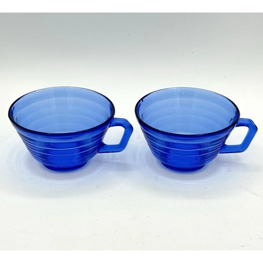 VTG Set 2 Hazel Atlas Moderntone Cobalt Blue Depression Tea Coffee Cups Art Deco